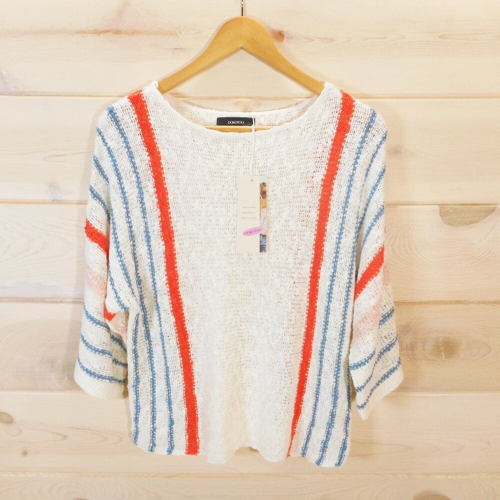 Dokotoo Women's S Sweater Cream 3/4 Sleeve Striped Open-Knit Pullover NWT